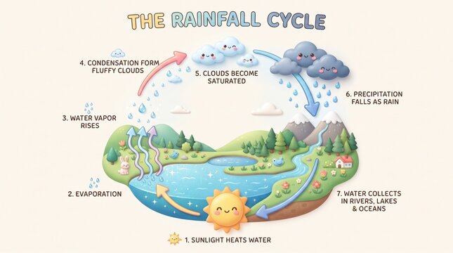 Cute educational infographic poster illustrating the water cycle with cute cartoon sun and clouds for kids learning