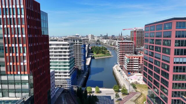 Hamburg, Germany - 14 August 2026: Aerial view of Baakenhafen in the Hafencity with modern red brick buildings and urban harbor development.
