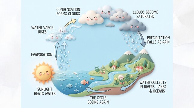 Educational Infographic Illustrating the Natural Water Cycle Process with Cute Weather Characters for Science Learning
