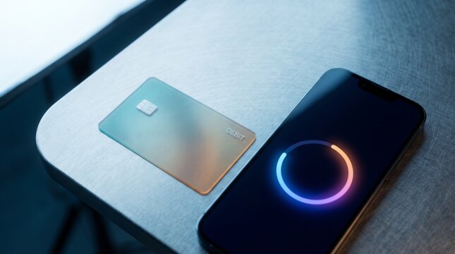 Contactless mobile payment concept, credit card and smartphone with glowing digital ring on screen, metallic table background