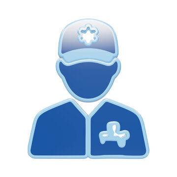 3D glossy blue icon of an emergency medical technician wearing a cap with a star of life symbol and uniform jacket isolated on a transparent background