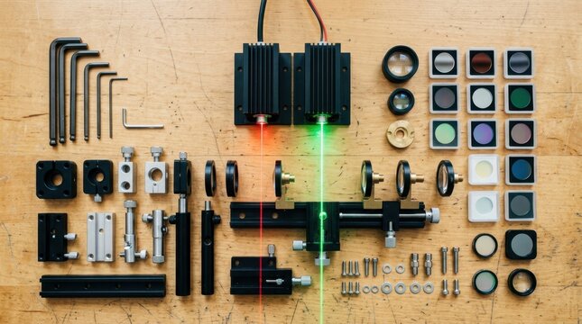 Laser kit components on a precision workbench with collimator lenses, mounts, filters, diodes, and tools for optical alignment.