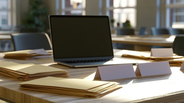 Empty workshop table with folders, blank name cards, and laptop in bright office