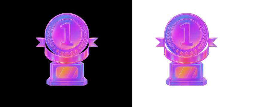 Holographic Glass 1st Place Medal Trophy with Ribbon, PNG