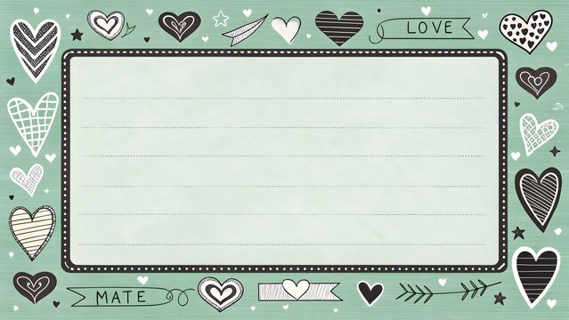Decorative paper frame with hand drawn doodle hearts on a light green textured background board