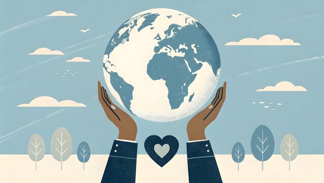 Corporate hands gently cradling our blue planet earth representing global environmental care and sustainable future growth