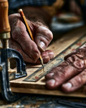 Older Craftsman Marking Measurement Line on Wood with Pencil and Ruler