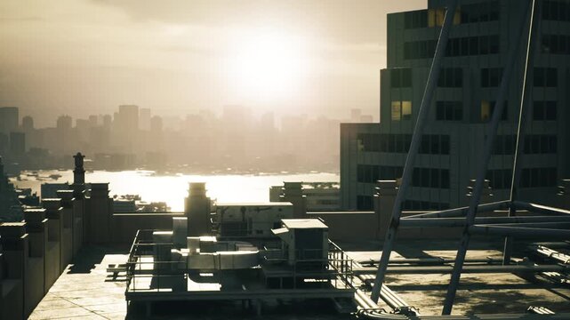 Backlit rooftop view, New York City, bright river glare and distant skyscrapers creating layered silhouettes, rooftop antennas and equipment in foreground,