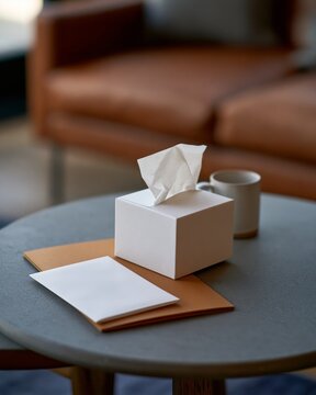 Bereavement Support Materials with Tissue Box and Folder on Table in Counseling Room