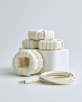 Beige Cord Wrap Clips and Coiled Cable on White Background