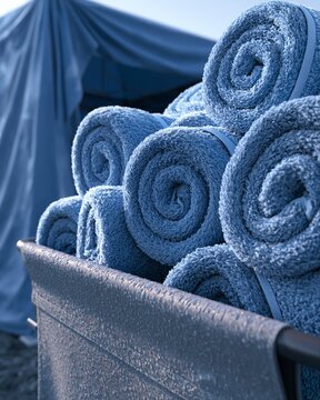 Rolled Blue Towels for Heat Management at Outdoor Summer Event