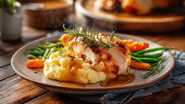  classic American family lunch, juicy oven-roasted chicken with crispy golden skin, creamy buttery mashed potatoes 