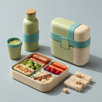 Modern school lunch packing set with bento box, bottle, and snack cups on gray surface