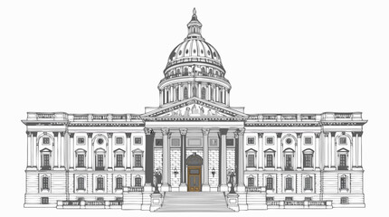Obraz premium Detailed architectural drawing of a neoclassical government building with a prominent dome and intricate facade, showcasing historical grandeur