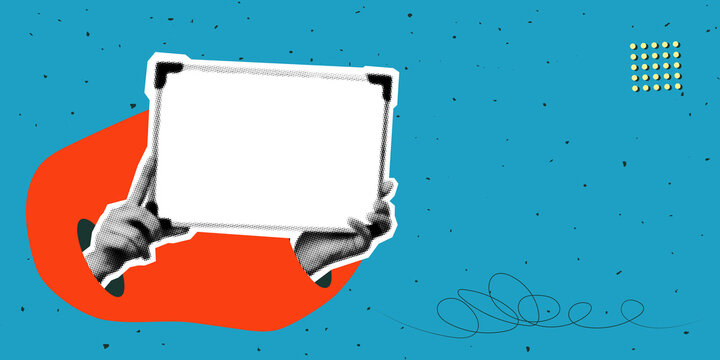 Abstract pop art collage banner with halftone hands emerging from portals holding blank sign board. Retro grunge background template with copy space for message or announcement on textured blue backdr