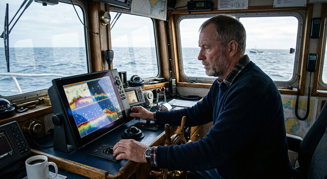 Experienced Ship Captain Steering Fishing Boat and Looking at Sonar Fish Finder Screen