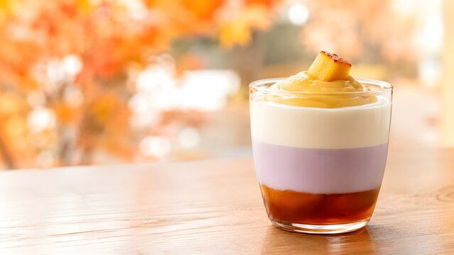 焼き芋ラテ 三層のグラスに焼き芋クリームを添えた秋のカフェドリンク