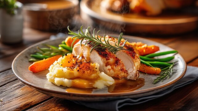  classic American family lunch, juicy oven-roasted chicken with crispy golden skin, creamy buttery mashed potatoes 