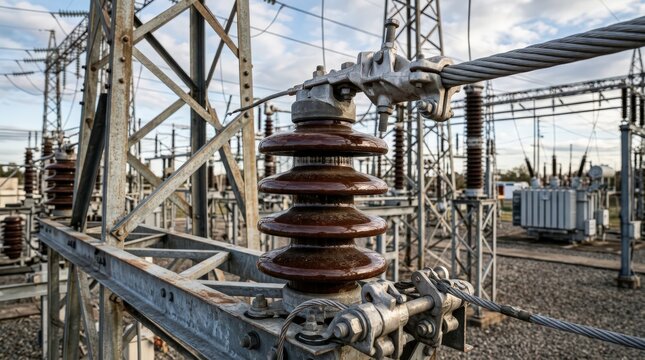 Ceramic insulator mounted on metal framework within an outdoor electrical substation under a cloudy sky.
