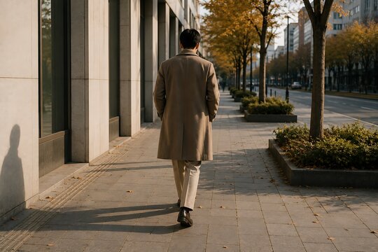 A man in a trench coat walks down a sunlit sidewalk lined with trees in autumn.