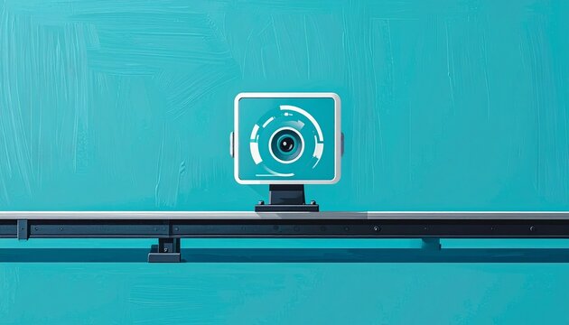 Modern security camera on teal background with motion detection graphic.