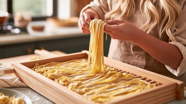 Home Cook Drying Fresh Pasta on Wooden Rack in Kitchen