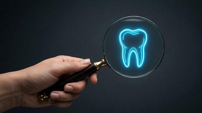 Hand holding magnifying glass over a glowing blue tooth icon for dental health analysis.