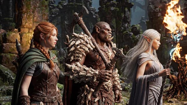 Fantasy group with warrior orc and elven mage in ancient ruins