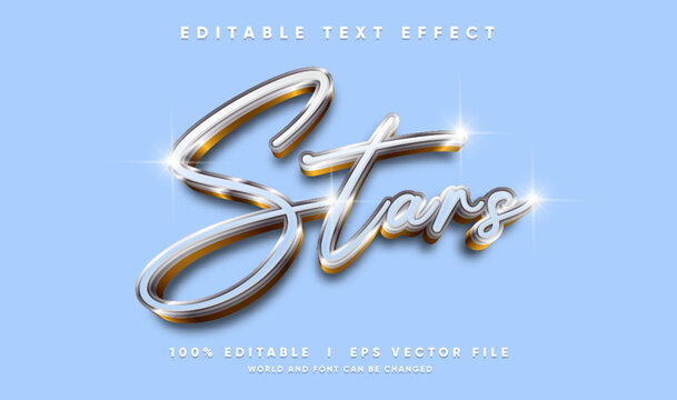 Editable Stars 3D Vector Text Effect with Silver Gold Chrome Script Style