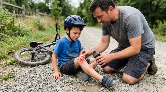Father helping injured boy after bicycle fall on gravel road. Man treating child knee wound with antiseptic. First aid and parent care concept for childhood accident and safety