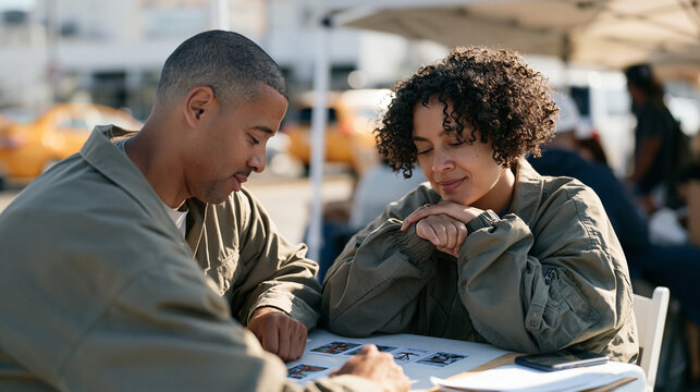 Tarot reader at a busy urban street fair seated across from a military spouse, cards laid out between them, the couple's dynamic tense yet tender, city traffic blurring behind a