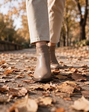 A person walks down a path covered in fallen autumn leaves, wearing beige ankle boots and light-colored pants.