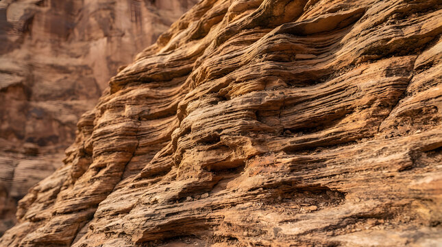 Close up of weathered layered sandstone rock formations with natural strata lines