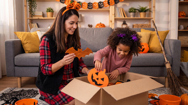 Woman and girl preparing Halloween decorations with pumpkins and bats inside a cozy living room, surrounded by festive ornaments and a broom