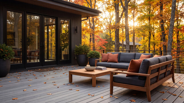 Modern outdoor patio with comfortable seating and wooden table surrounded by vibrant autumn foliage in a tranquil residential setting