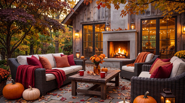 Cozy outdoor seating area with pumpkins and autumn leaves near a fireplace, surrounded by colorful fall foliage and warm lighting