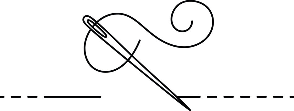 Minimalist sewing needle and thread vector icon with dashed stitch line on white background