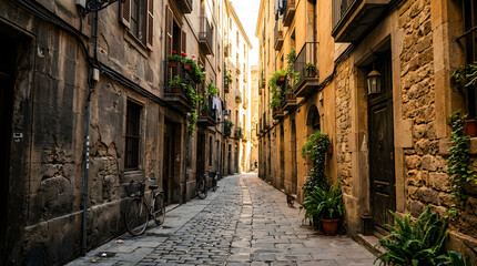 Fototapeta premium A narrow historic European cobblestone street lined with old stone buildings and plants