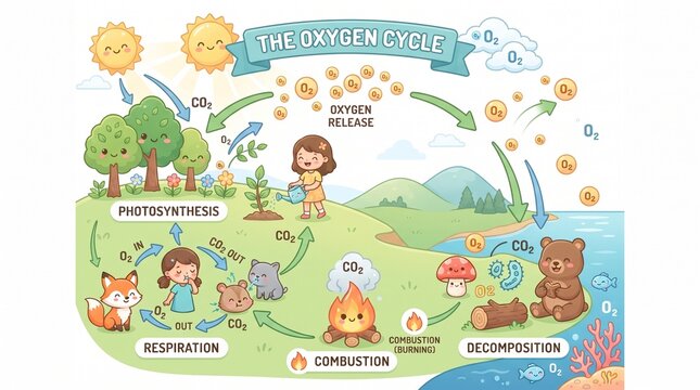 Cute cartoon educational diagram illustrating the scientific process of the oxygen cycle with animals and plants