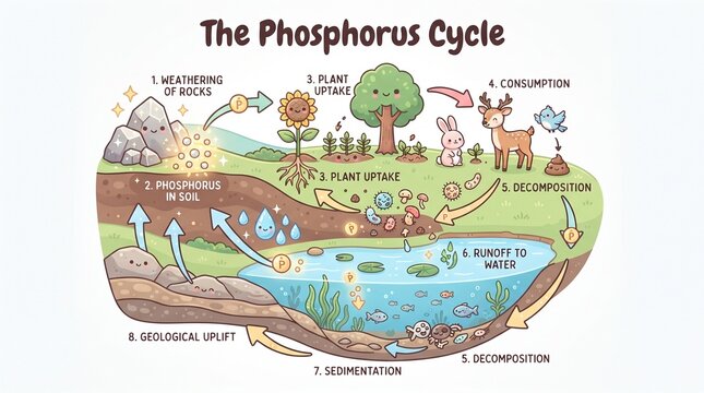 Cute educational infographic showing how minerals move through nature from soil to water and living organisms in a landscape illustration