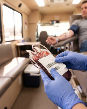 Hands pressing barcode label onto filled blood donation bag inside mobile donation bus