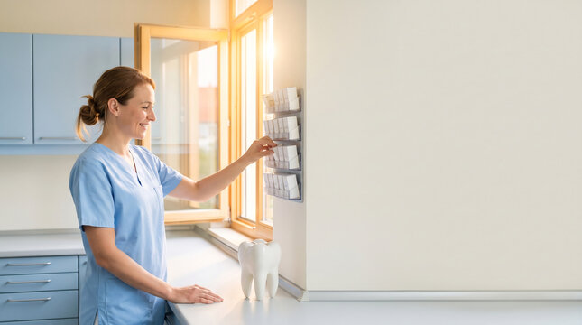Dental hygienist restocking floss sample rack beside molar model at checkup counter