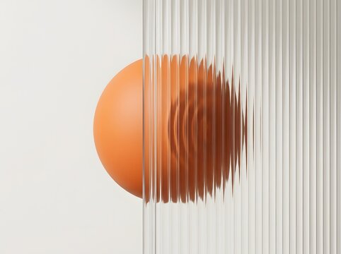 Orange sphere behind a fluted glass texture, isolated on white background
