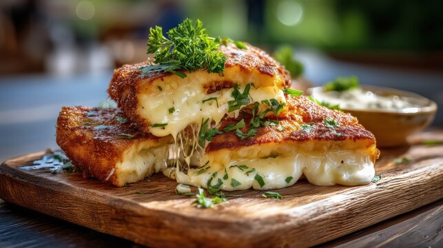 Czech crispy golden fried cheese with perfectly melted cheese stretching from the cut, homemade tartar sauce, fresh parsley