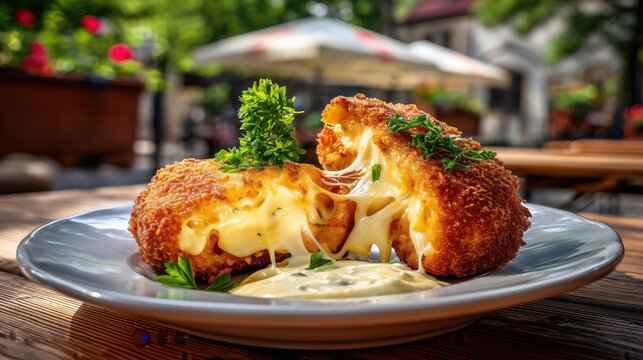  Czech crispy golden fried cheese with perfectly melted cheese stretching from the cut, homemade tartar sauce, fresh parsley