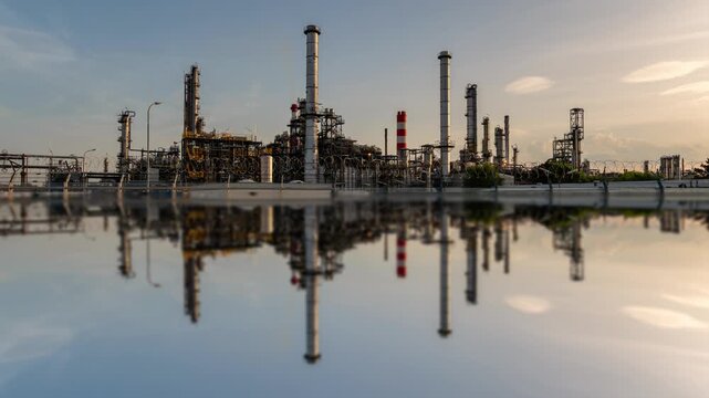 Time lapse footage of petrochemical refinery factory complex with reflection in water at sunset transitioning to night.