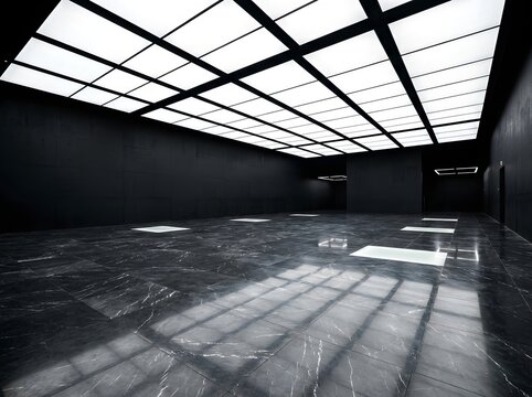 Minimalist modern interior with black marble floor and grid ceiling lighting