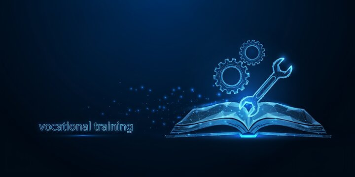Digital book with gears and wrench icon representing technical education and engineering