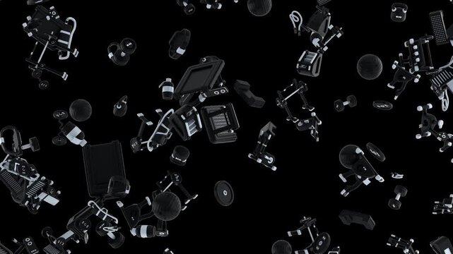 Loopable animation of several stylized objects related to a gym and a healthy lifestyle, such as a barbell, treadmill, bicycle, and so on, randomly falling and rotating, 3d render with alpha channel