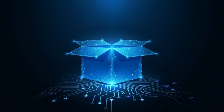 Digital open box with glowing blue light particles on a circuit board background
